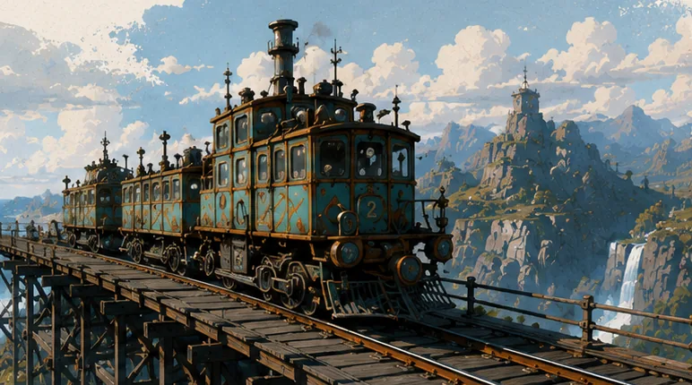 Illustration peinte d'un train traversant le haut pays&nbsp;; pas une capture d'écran du gameplay.