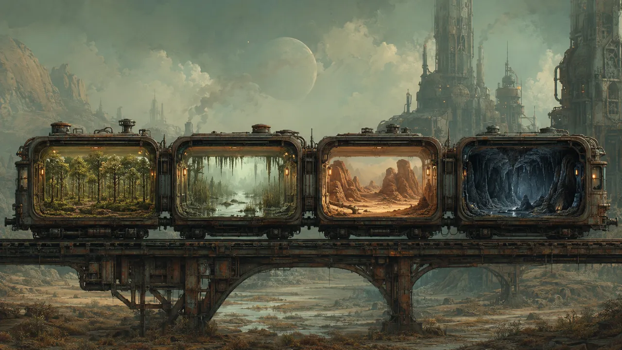 Quatre wagons de chemin de fer ouverts contenant des biomes de forêt, de zones humides, de désert et de cavernes — illustration générée