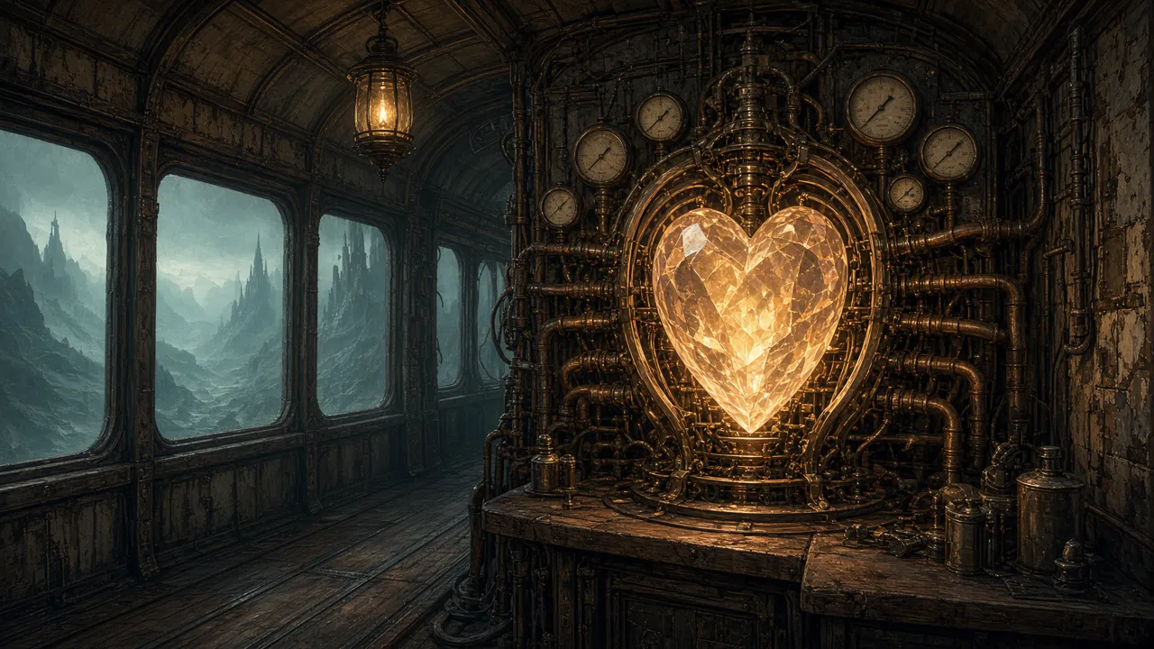 Un cuore di cristallo luminoso all'interno di un vagone ferroviario in ottone: illustrazione generata