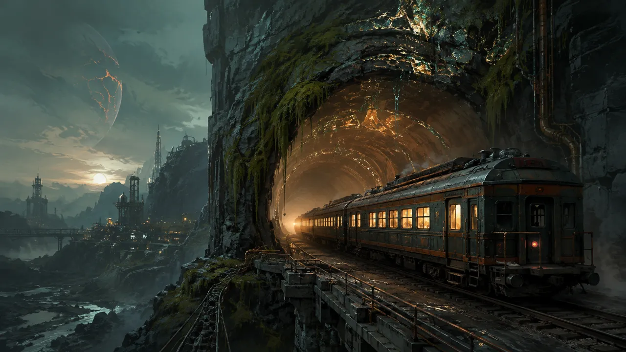 Un treno che entra in un tunnel di montagna illuminato da luci calde: illustrazione generata
