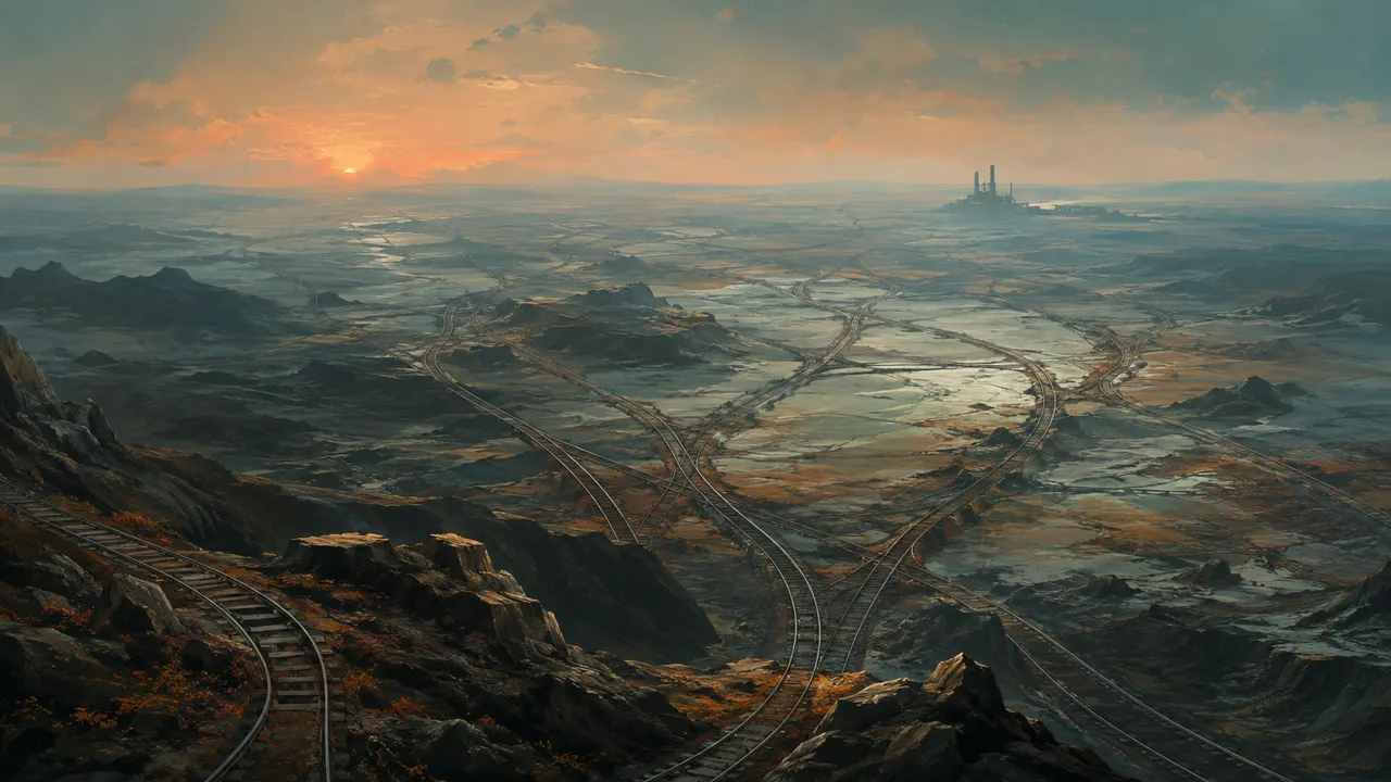 Ferrovie ramificate attraverso il pianeta alieno Vesper al crepuscolo: illustrazione generata