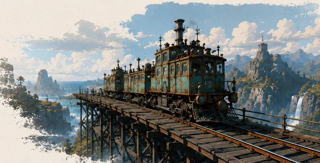 Un train réparé sur un pont à chevalets au-dessus d'un canyon sur Vesper — illustration peinte